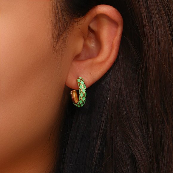 Mint Green Geometric Pattern‎ Hoop Earrings 18K Gold Plated Stainless - Picture 3 of 8